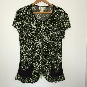 Joseph Ribkoff Womens Top Blouse Sz 16 Black Green Polka Dot Full Zip Cap Sleeve
